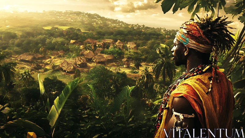 Guardian of the sunlit village in lush green hills.