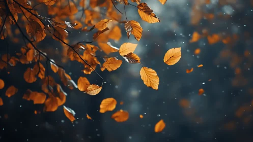 Drifting autumn leaves over soft blue forest bokeh.