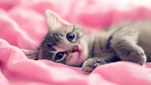 Tabby kitten lounging playfully on soft pink fabric.
