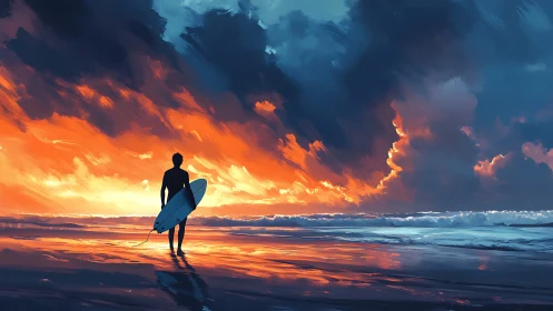 Digital painting of lone surfer at cinematic sunset shoreline.
