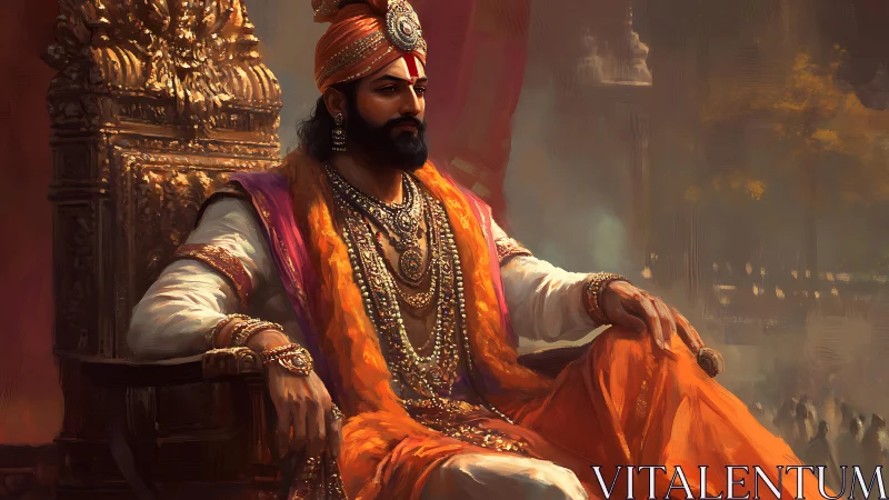 Regal king in ornate orange robes seated on golden throne