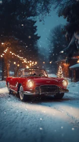 Red classic convertible glows warmly in a snowy winter street