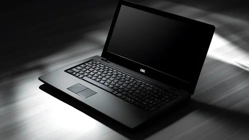 Sleek black laptop resting in soft light on tidy desk.