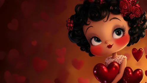 Vintage-Inspired Cartoon Character with Romantic Red Hearts