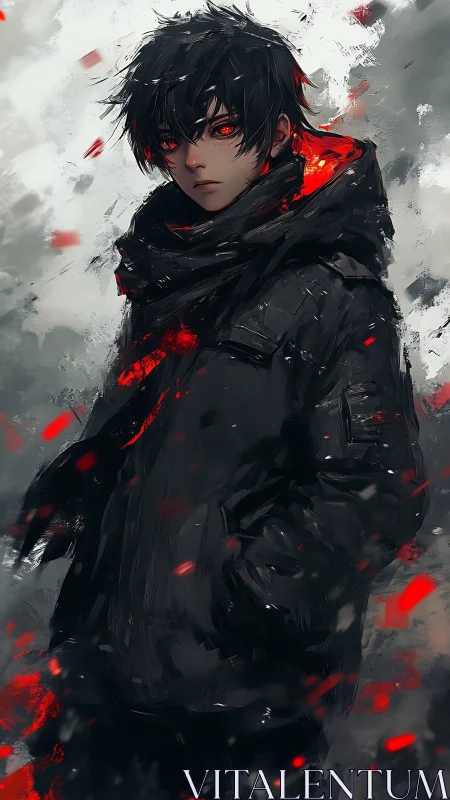 Ember-eyed wanderer stands calm amid drifting crimson sparks