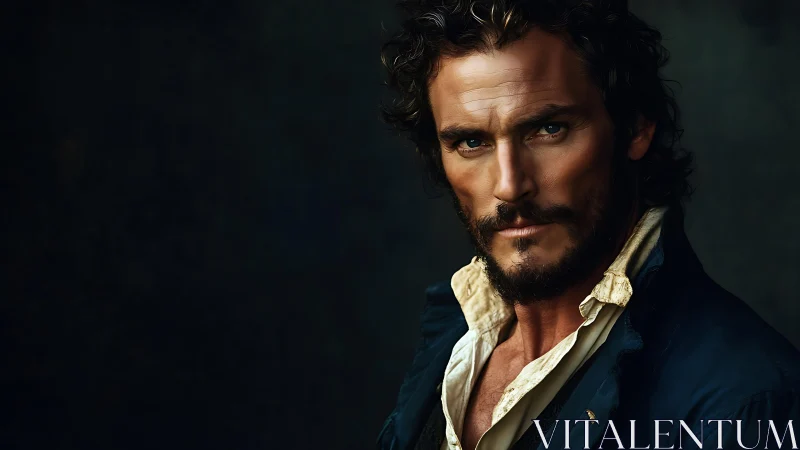 Weathered sea rogue with storm-lit, unwavering gaze.