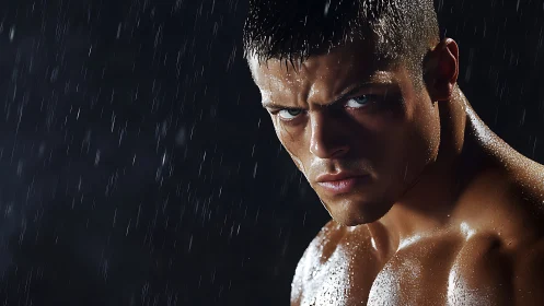 Male subject under rainfall with focused facial expression.