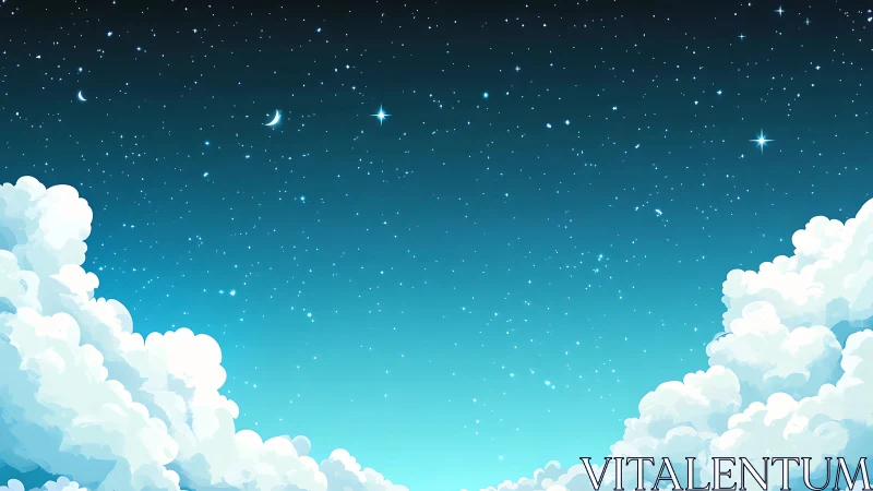 Starlit night sky over billowing clouds in teal gradient