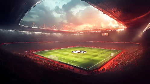 Floodlit football stadium glows warmly under a dramatic evening sky