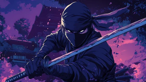 Midnight ninja warrior poised with katana in neon dusk.