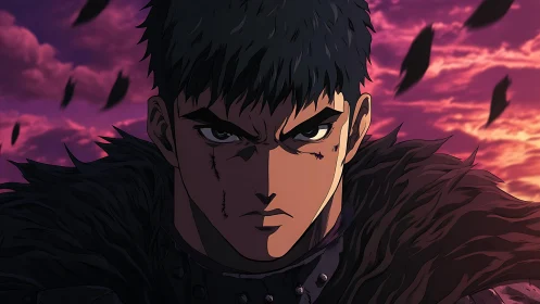 Brooding anime warrior under blood-red twilight sky.