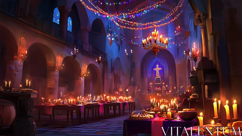 Festive candlelit banquet transforms a grand gothic church.