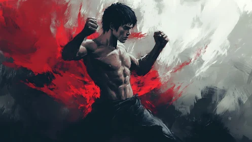 Fierce martial artist poised in a storm of bold red energy.
