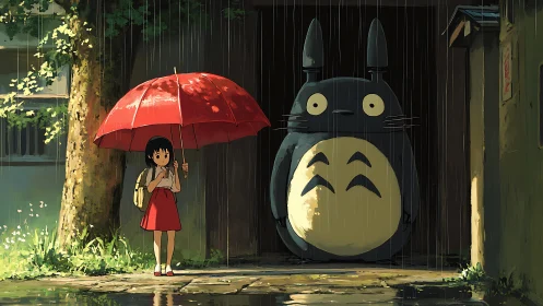 Girl with red umbrella beside large forest creature in rain.