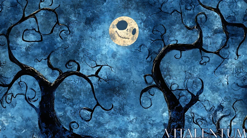 Moonlit twisted trees with stylized skull-like moon face.