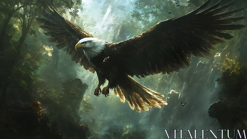 Majestic Bald Eagle Soaring Over Verdant Forest in Dramatic Digital Art.