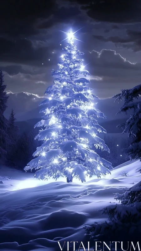 Moonlit Snowfall Tree Crowned in Silent Winter Starlight.