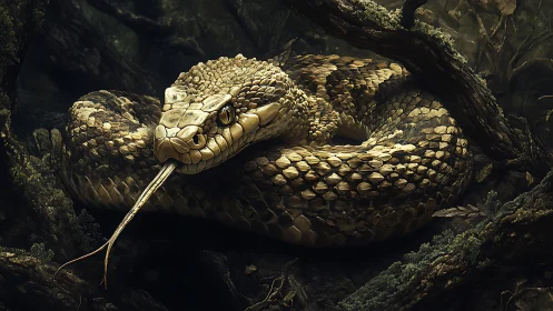 Macro-detailed forest viper coiled in defensive readiness pose.