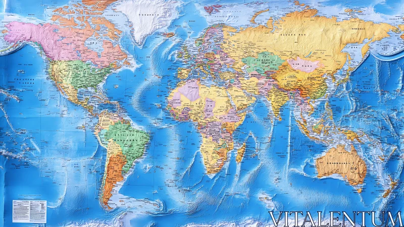 World political map shows continents, countries and oceans