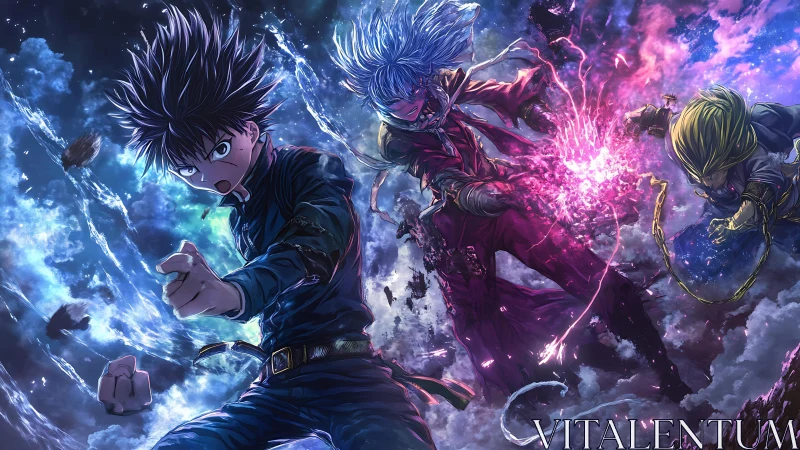 Dynamic anime trio unleashes elemental energy in cosmic sky