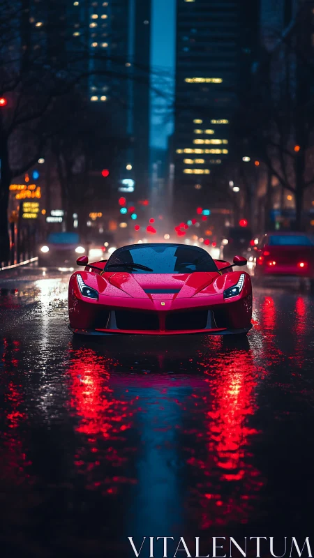 Red supercar in neonlit rainy city street at blue hour.