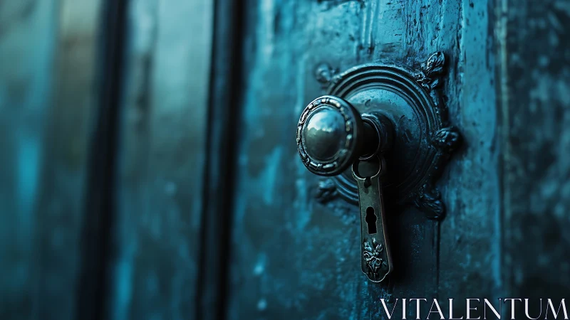 Weathered teal door key waiting at the edge of a secret.