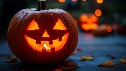 Jack-o-lantern grin glows bright in moody Halloween twilight.