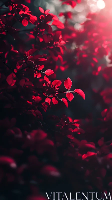 Red foliage catches strong backlight in shallow focus frame