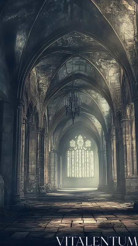 Gothic stone nave with vaulted arches in moody cinematic light.