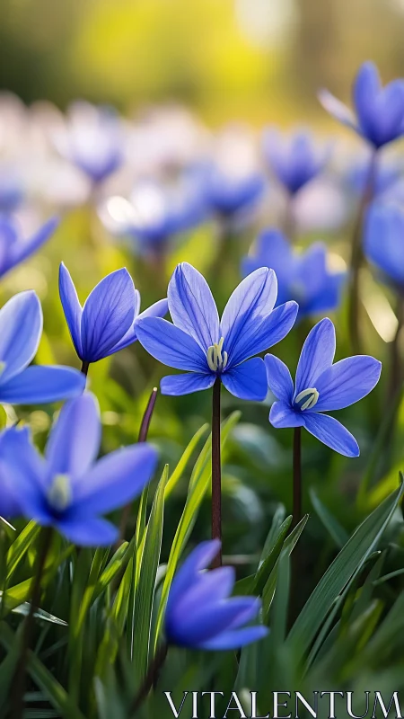 Blue petals dance where sunlight spills gold.