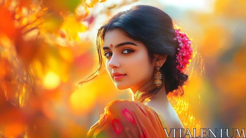 Portrait of woman in sari amid warm autumn bokeh glow.