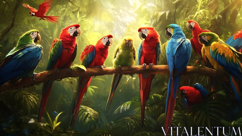 Vibrant tropical parrots on jungle branch, digital art scene.