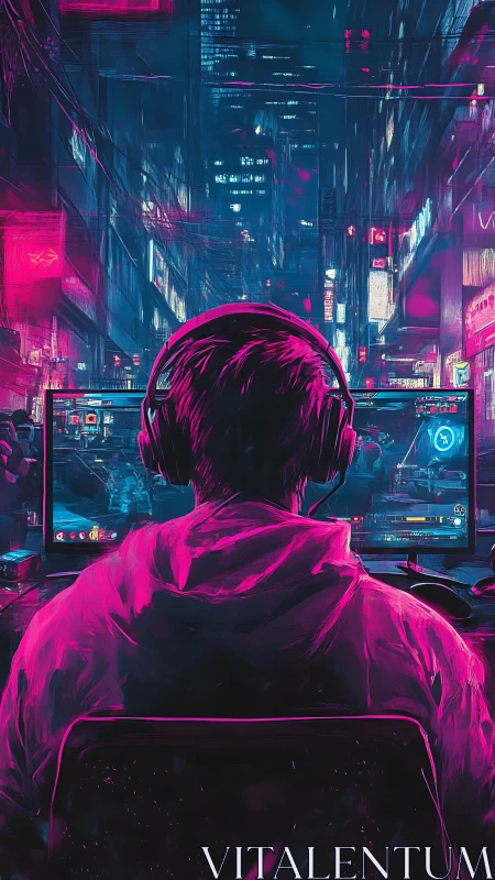 Neon gamer drifts between city chaos and digital legend.