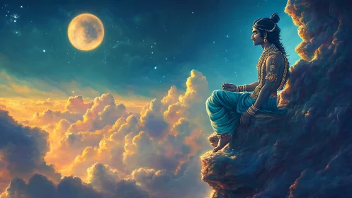 Seated figure observing full moon above illuminated clouds.