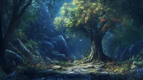 Ancient Forest Haven Glowing With Sunlit Magic