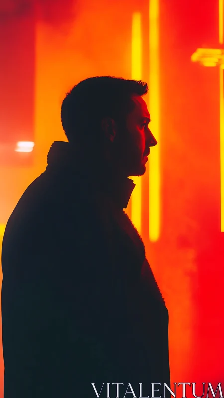 Male silhouette stands before vertical neon-lit background