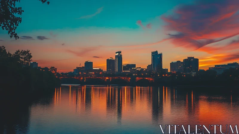 Urban riverfront skyline at dusk with saturated sunset reflections.