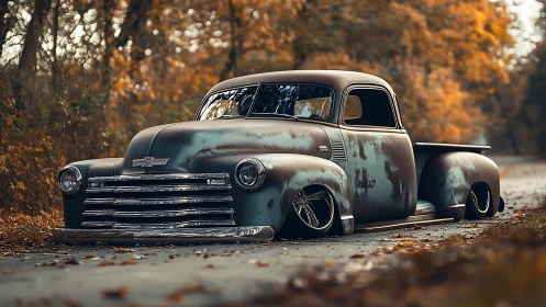 Lowered vintage pickup truck parked on forest road in autumn