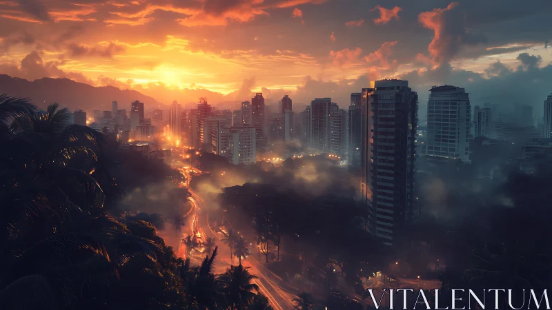 Foggy tropical city skyline at vibrant orange sunset.