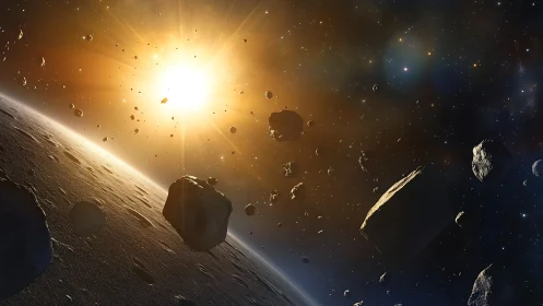 Asteroid field orbits sunlit planet in cinematic 3D render.