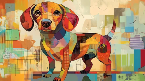 Vibrant geometric dachshund stands in a lively abstract world