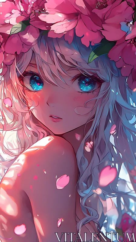 Blossom crowned gaze catches light like a spring comet