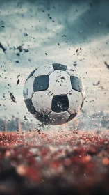 Soccer ball impacting wet field surface with flying debris.