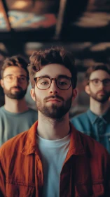 Young man with glasses stands centered before two doubles.