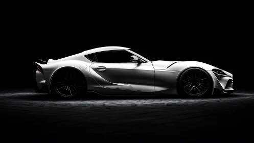 Side profile of white sports coupe in low key studio lighting.