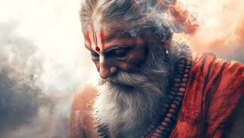 Elderly sage in contemplative profile amid ethereal smoke lighting