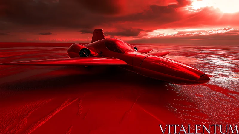Crimson concept jet on reflective alien shoreline at dusk.