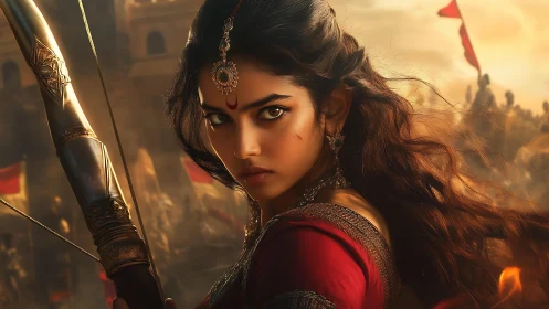 Warrior princess poised in golden dusk before battle lines.