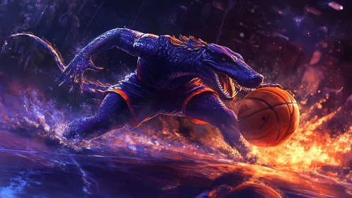 Cybernetic reptilian power forward driving ball through flames