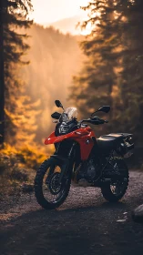 Red BMW adventure motorcycle parked on forest trail at dusk.